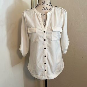 41 Hawthorn Off White Button Pockets Semi Sheer Top Feminine Contemporary